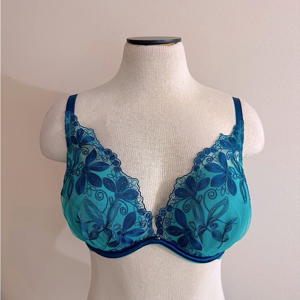 Victoria’s Secret Floral Lace Sheer Mesh Blue Strap Teal 38D NWOT